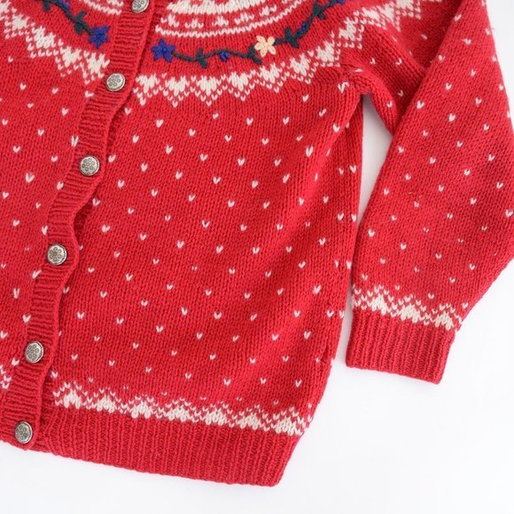 Vintage 80s Eddie Bauer Red with Winter Design 100% Wool Button Up Cardigan Smal - Picture 7 of 15